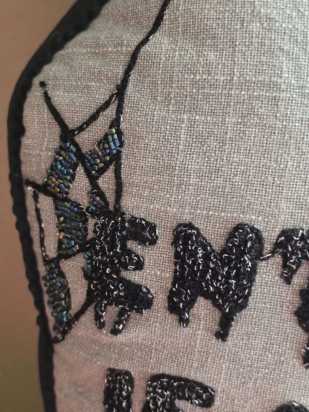 Beaded Coffin Pillow, Black & Grey  'Enter If You Dare' Halloween Pillow Decor